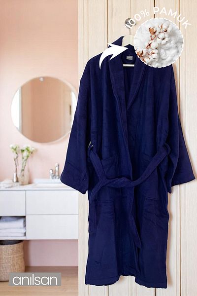Anılsan Μπουρνούζι από 100% βαμβάκι Dark Navy Blue - Şalyaka Hotel Bathrobe, Ιδανικό για Spa, Κατάλληλο για Καθημερινή Χρήση