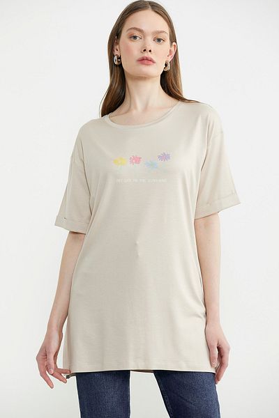 Sementa Floral Printed Crew Neck T-Shirt - Stone