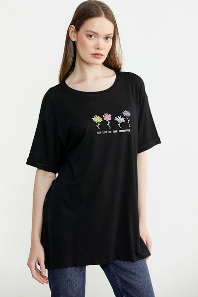Sementa Tricou cu decolteu cu imprimeu floral - negru