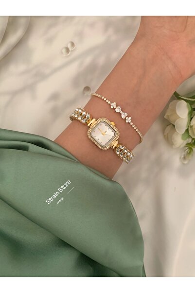 chaoyada ساعة نسائية بقرص مربع عتيق من حجر الزركون الأخضر والفضي والذهبي في ص...