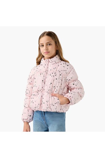 Juniors Star Print Padded Jacket with High Neck and Zip Closure