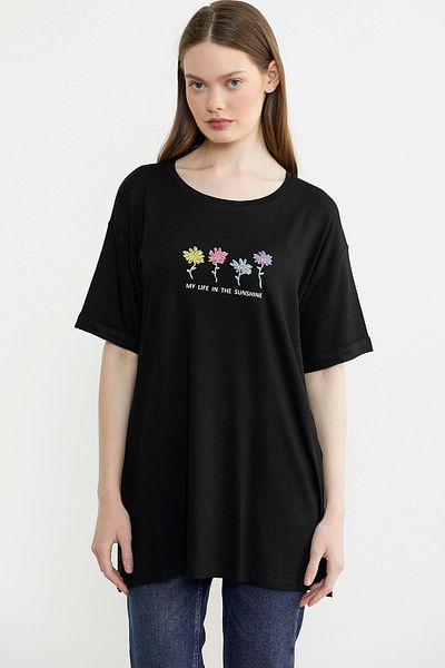 Sementa Tricou cu decolteu cu imprimeu floral - negru