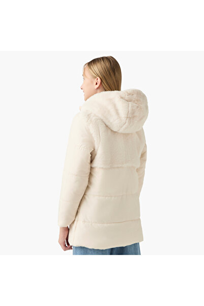 Juniors Quilted Jacket with Faux Fur Hood and Pockets