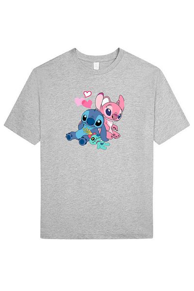 makiteks Μπλουζάκι με στάμπα Lilo Stitch Γυναικείο μπλουζάκι με λαιμόκοψη με στάμπα λευκό μαύρο γκρι μπλουζάκι