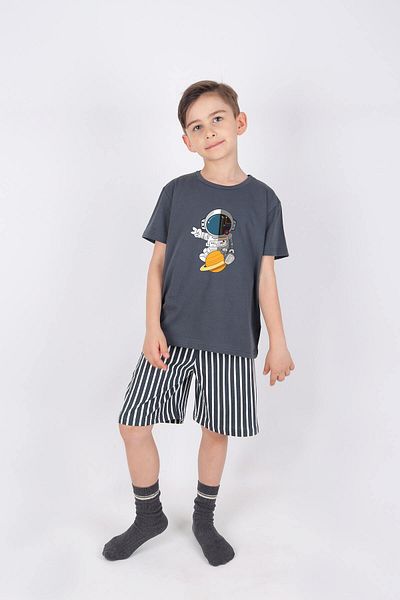 koza iç giyim Boys Cotton Short Sleeve Top with Astronaut Print Bottom Striped Shorts Set