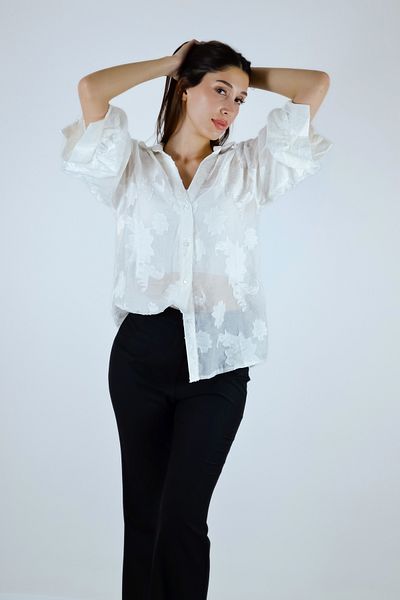 Qu Style قميص جاكار بأكمام طويلة إكرو