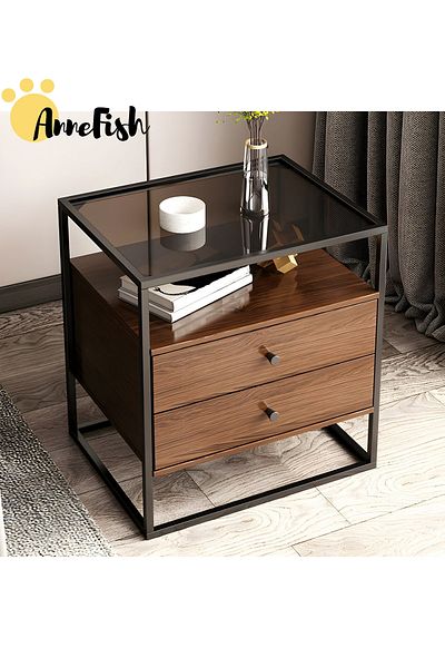 AnneFish Nightstand Side Table Tempered Glass Top Sofa Coffee End Storage Cabinet Drawers Living Room Bedroom