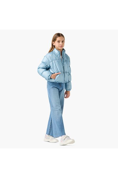 Juniors Solid Padded Jacket with High Neck and Zip Closure