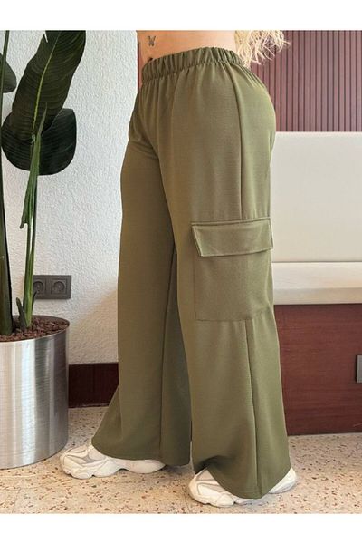 LİKRA Women's Plus Size Cargo Pocket Elastic Waist Flexible Crepe Pants