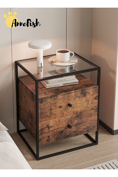AnneFish Nightstand Side Table Tempered Glass Top Sofa Coffee End Storage Cabinet Drawers Living Room Bedroom