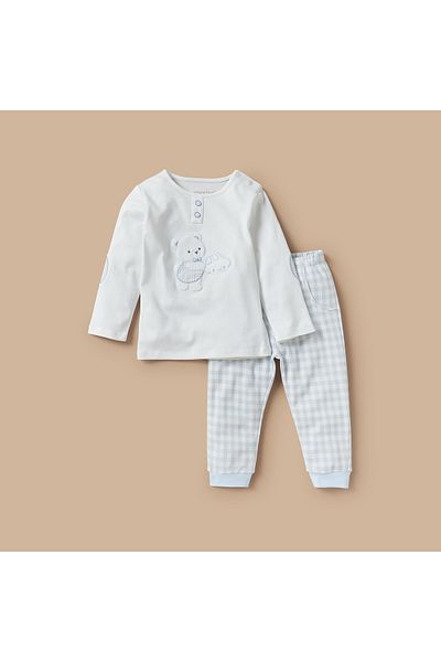 giggles Bear Applique Long Sleeves T-shirt and Checked Pyjama Set