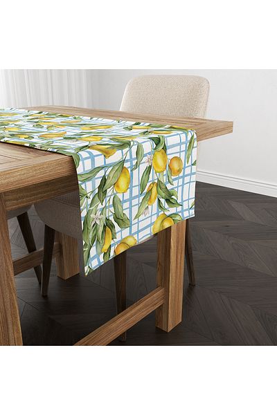 Evmila Spring Themed Lemon Patterned Velvet Fabric Digital Printed Runner