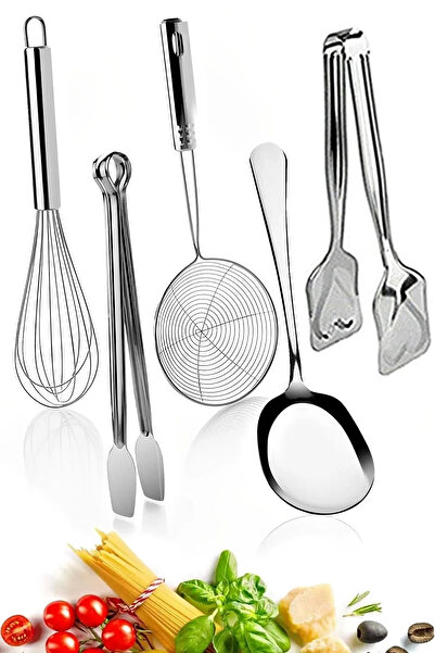 Trouvaille 5li Pratik Mutfak Izgara Maşası Makarna Maşa Çelik Tel Yumurta Çırpıcısı Metal Kevgir Çeyiz Listesi