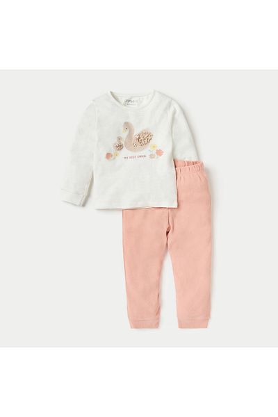 Juniors Swan Print Long Sleeves T-shirt and Elasticated Pyjama Set