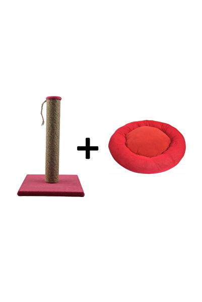 Pribor عمود خدش للقطط 40 سم وسرير بيجل للقطط قطر 50 سم صوف مجموعة من 2 أحمر داكن