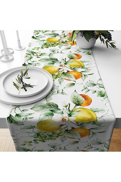 Evmila Spring Themed Lemon Patterned Velvet Fabric Digital Printed Runner