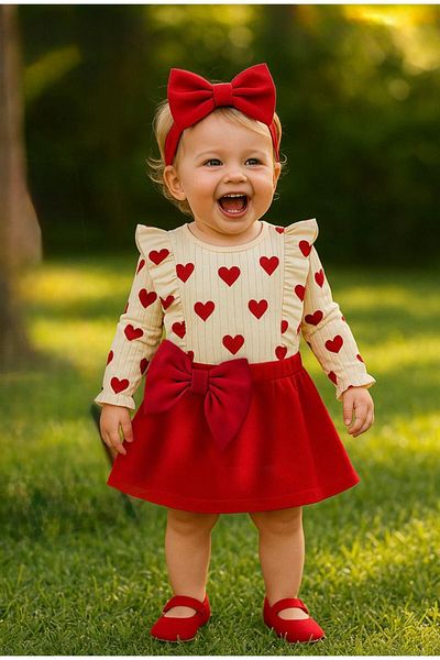 Pasur Bebe Baby Girl Bandana - Bow Tie Heart Detail Badi - Skirt Triple Set