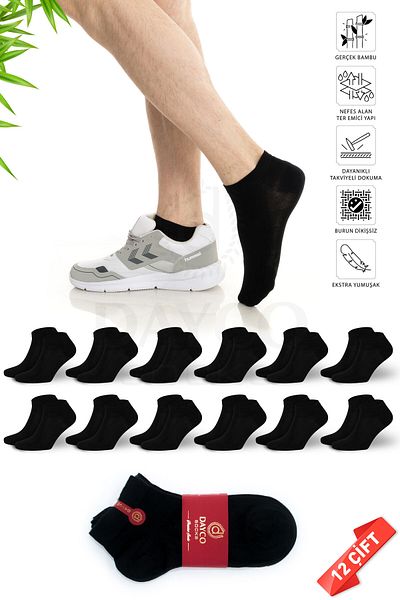 DAYCO Premium Black Color Men's Bamboo Booties Socks Set of 12 - 41-45 - 10500-Dz12-Syh