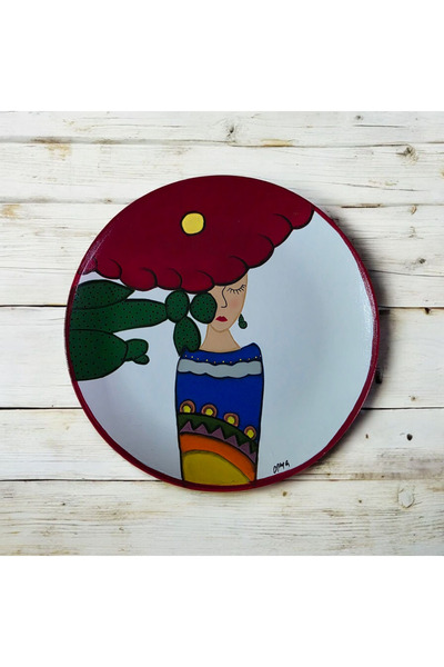 Lotus El Çizimi El Boyaması Duvar Tabağı 25 cm Kaktüs Temalı Duvar Dekoru Boh...