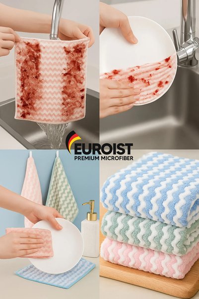 euroist Microfiber Soft Texture, Super Absorbent Kitchen Rag, Dishwashing Countertop Rag, Zigzag Pattern (3 Pieces)