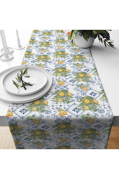 Evmila Spring Themed Lemon Patterned Velvet Fabric Digital Printed Runner