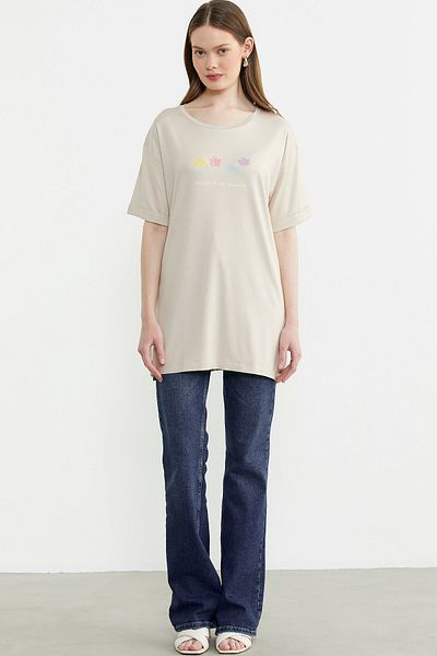 Sementa Floral Printed Crew Neck T-Shirt - Stone