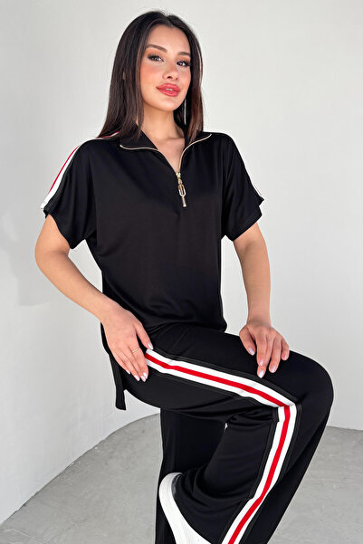 Cappmoda Tkm-13299 Black Zipper Detailed Half Turtleneck Striped T-Shirt & Loose Trousers Two-Piece Set