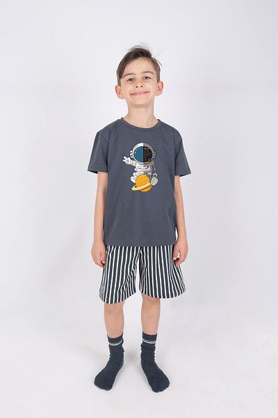 koza iç giyim Boys Cotton Short Sleeve Top with Astronaut Print Bottom Striped Shorts Set