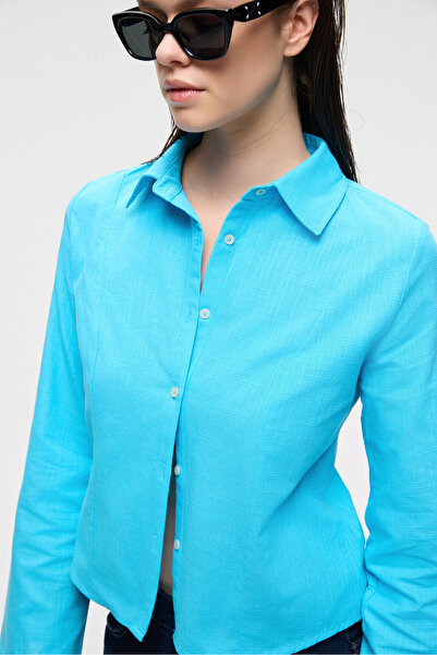 GRIMELANGE MAKAYLA Kadın Keten Uzun Kollu Regular Fit Mavi Gömlek
