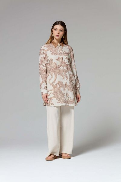 FUAT GÜRSEN Ethnic Patterned Linen Tunic with Laced Collar
