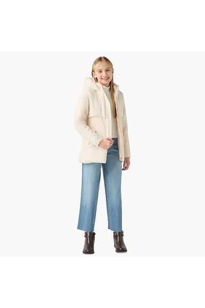 Juniors Quilted Jacket with Faux Fur Hood and Pockets