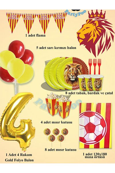 PartyPoo Yellow Red Football Fan Birthday Set for 8 People – Eco Party Supplies Decoration Set