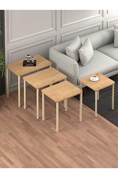 DESENGO Obim 4lü Safir Meşe Ahşap Ayaklı Zigon Sehpa-çay Sehpası-servis Sehpası-salon Sehpa-modern Tasarım