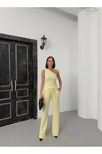 alenmoda One Shoulder Seersucker Blouse Pants Set