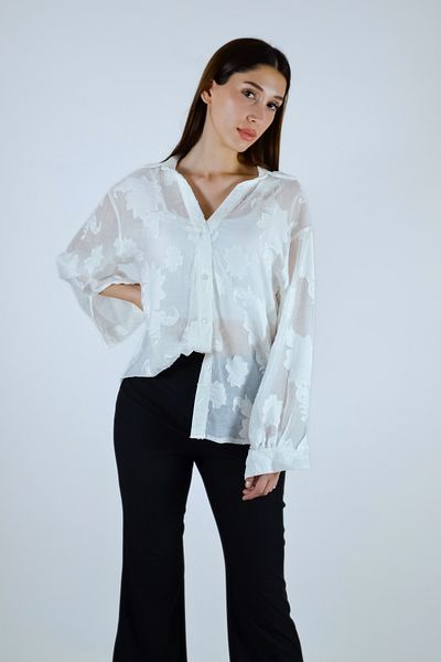 Qu Style قميص جاكار بأكمام طويلة إكرو
