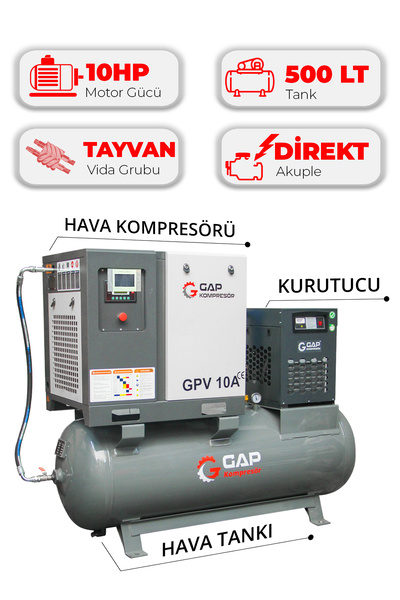 GAP KOMPRESÖR Hava Kompresörü Depo Üstü Vidalı 10Hp 500lt GPV10A
