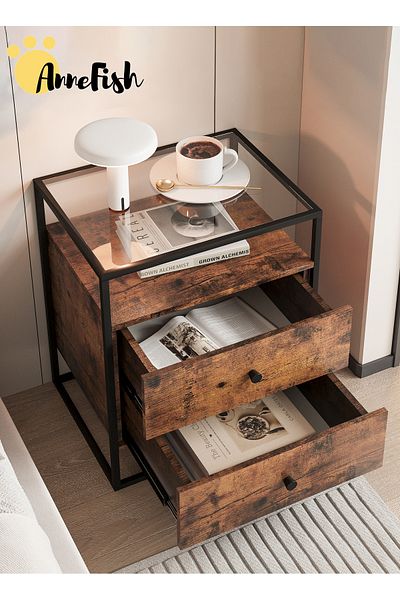 AnneFish Nightstand Side Table Tempered Glass Top Sofa Coffee End Storage Cabinet Drawers Living Room Bedroom