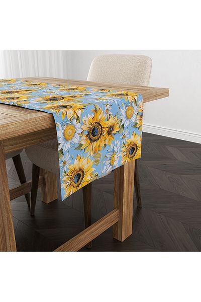 Evmila Spring Themed Sunflower Patterned Velvet Fabric Digital Printed Runner
