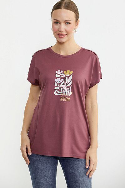 Sementa Shoulder Detailed Printed Combed Cotton T-Shirt - Rose