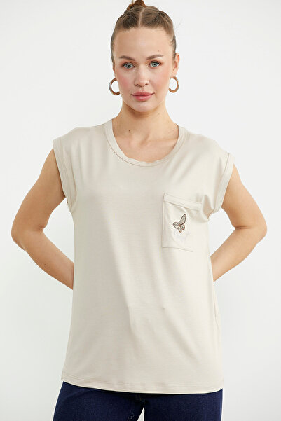 Sementa Tricou cu buzunare drapat cu maneca joasa - Stone