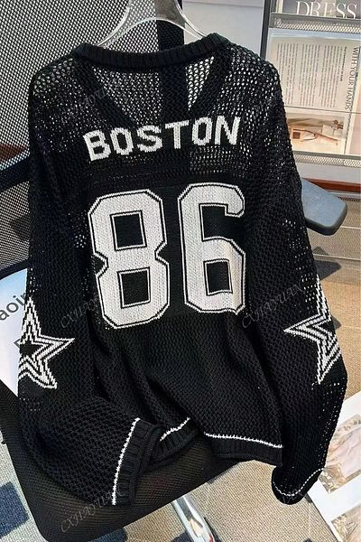 Moibody Boston 86 Pulover din tricot din tricot Pulover supradimensionat pentru femei cu model de stele – alb/negru/maro