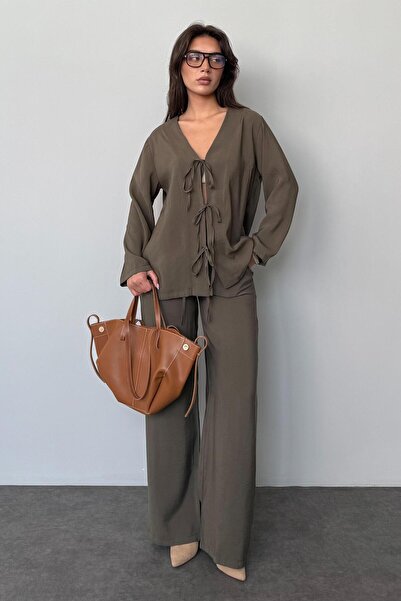 Seeh Khaki Front Tie Bottom Top Set Sh240