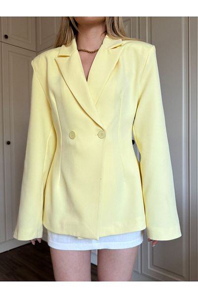Zey Studio Women's Yellow Waist Fitted Blazer Jacket with Padding Detail