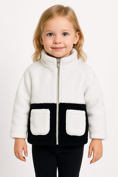 Firststops Girl's Plush Ecru Black Pocket Zippered Welsoft Winter Coat