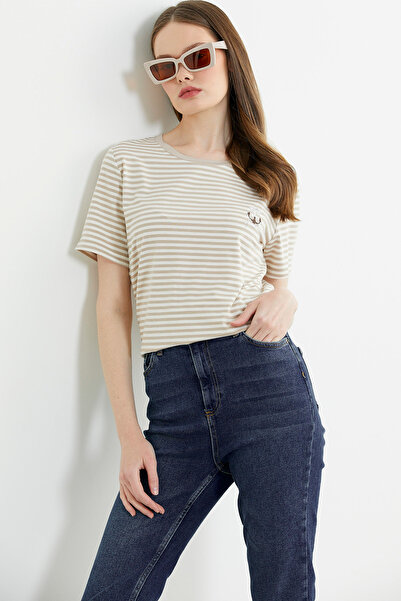 Sementa Çizgili Nakış Detaylı Penye Tişört - Kahve