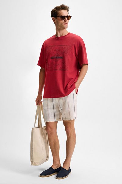 GRIMELANGE Tempus Men's Print Detailed 100% Organic Cotton Crew Neck Oversize Fit Claret Red T-Shirt