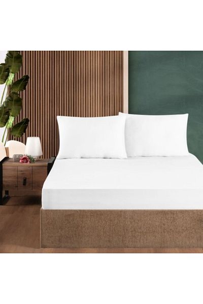 First Choice Set husa de pat cu elastic si 2 fete de perna, bumbac ranforce 100%, 140x200 cm, Alb