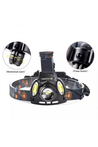 MACVI Lanterna de cap Macvi® 6500 lumeni, 3 LED T6, zoom, 90 grade, 2 acumulatori, iluminare puternica