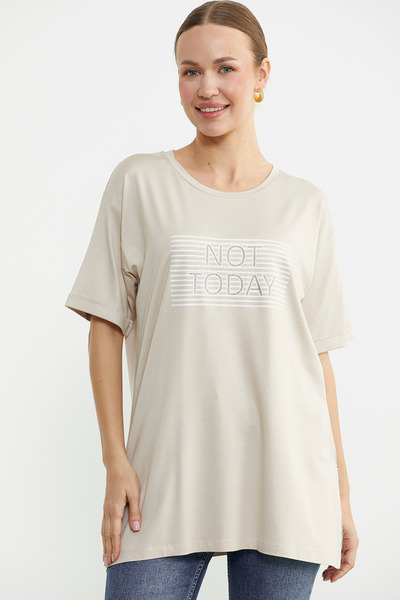 Sementa Baskılı Sıfır Yaka Uzun Tişört - Taş