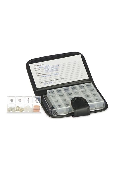Relaxdays Medicine organizer box, 7 days, 4 compartments/day, black/transparent, plastic, 3.5 x 19.5 x 13 cm